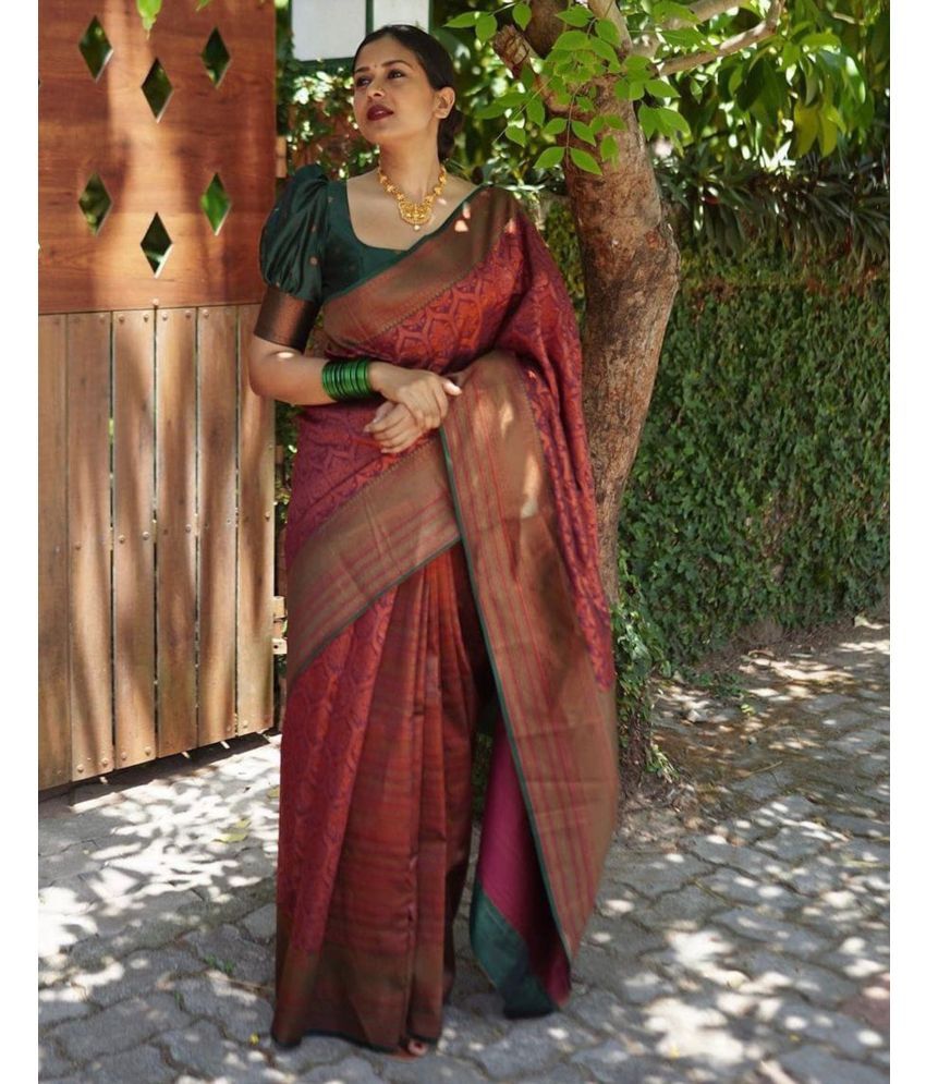     			Samah Art Silk Woven Saree With Blouse Piece - Wine ( Pack of 1 )