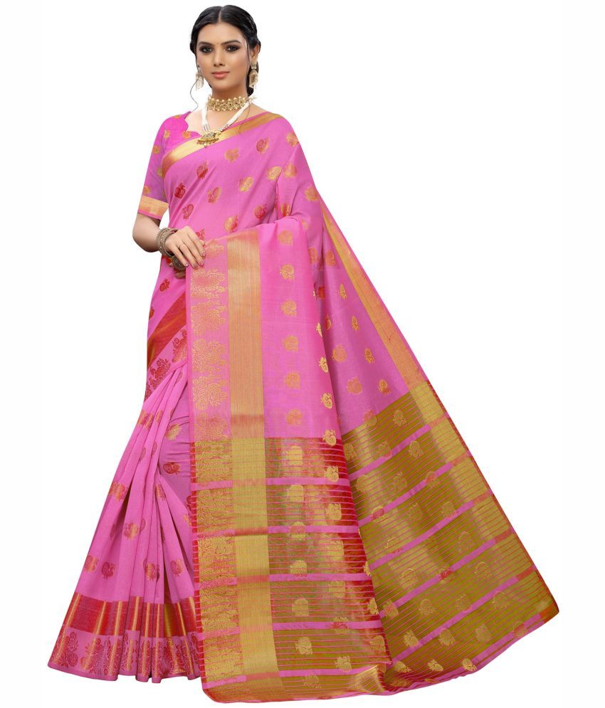     			Samah Chanderi Woven Saree With Blouse Piece - Pink ( Pack of 1 )