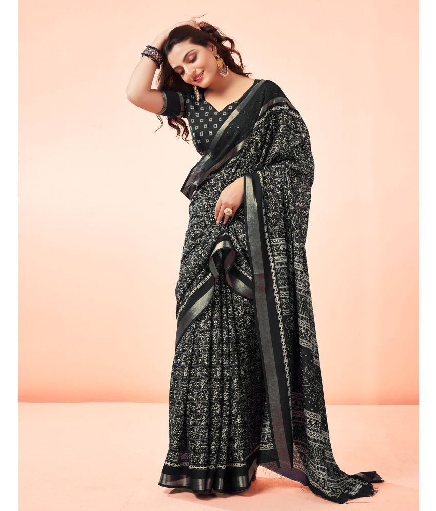     			Samah Cotton Blend Self Design Saree With Blouse Piece - Black ( Pack of 1 )