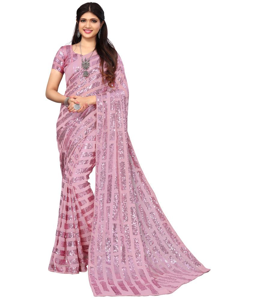     			Samah Georgette Embroidered Saree With Blouse Piece - Pink ( Pack of 1 )