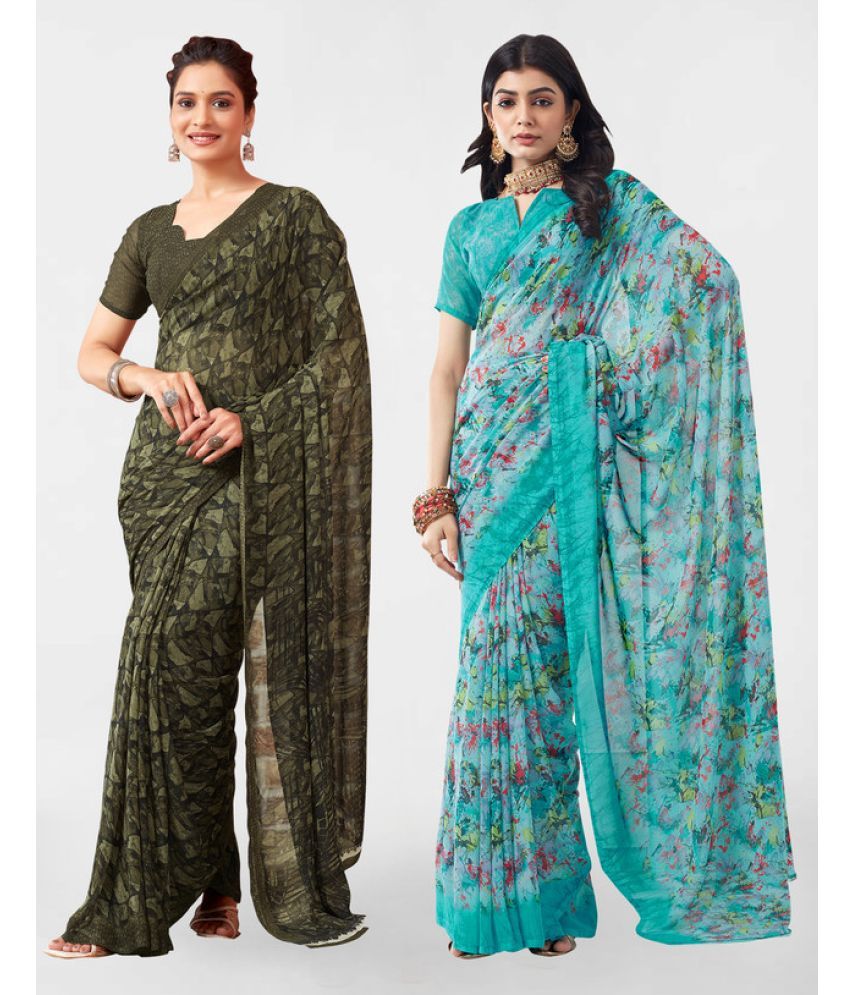     			Samah Georgette Printed Saree With Blouse Piece - Light Blue ( Pack of 2 )