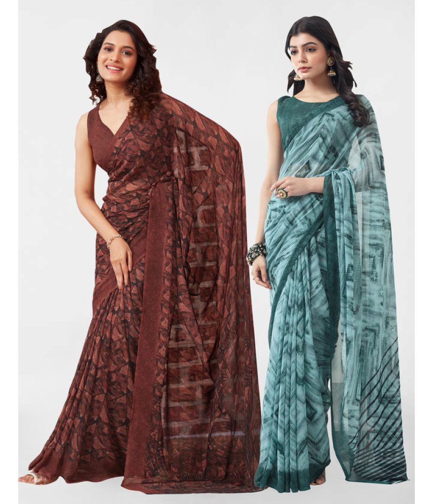     			Samah Georgette Printed Saree With Blouse Piece - Teal ( Pack of 2 )