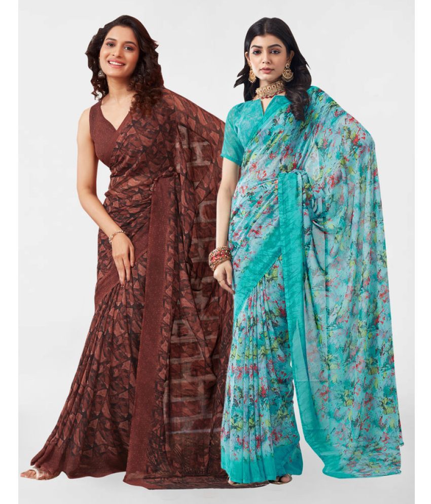     			Samah Georgette Printed Saree With Blouse Piece - Light Blue ( Pack of 2 )