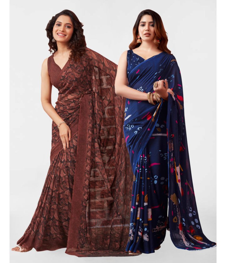     			Samah Georgette Printed Saree With Blouse Piece - Navy Blue ( Pack of 2 )