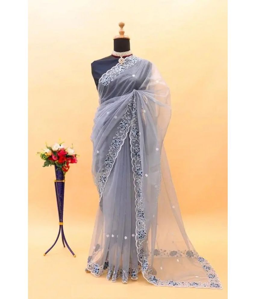     			A TO Z CART Net Embroidered Saree With Blouse Piece - Grey ( Pack of 1 )