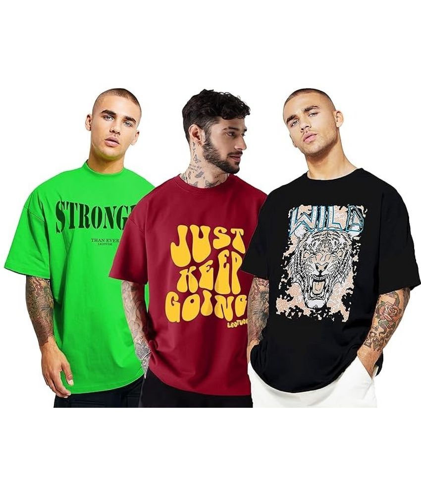     			Leotude Cotton Blend Oversized Fit Printed Half Sleeves Men's T-Shirt - Black ( Pack of 3 )