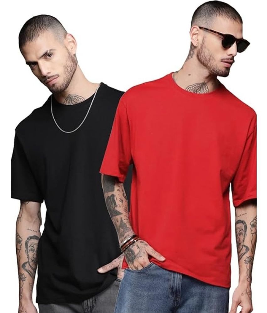     			Leotude Cotton Blend Oversized Fit Solid Half Sleeves Men's T-Shirt - Black ( Pack of 2 )