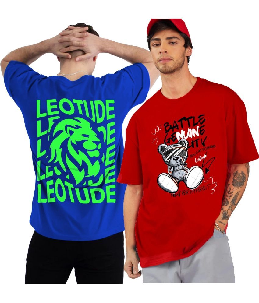     			Leotude Cotton Blend Oversized Fit Printed Half Sleeves Men's T-Shirt - Blue ( Pack of 2 )