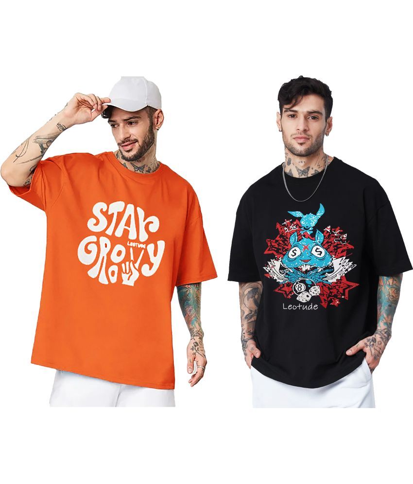     			Leotude Cotton Blend Oversized Fit Printed Half Sleeves Men's T-Shirt - Orange ( Pack of 2 )