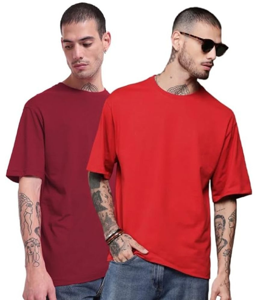     			Leotude Cotton Blend Oversized Fit Solid Half Sleeves Men's T-Shirt - Maroon ( Pack of 2 )