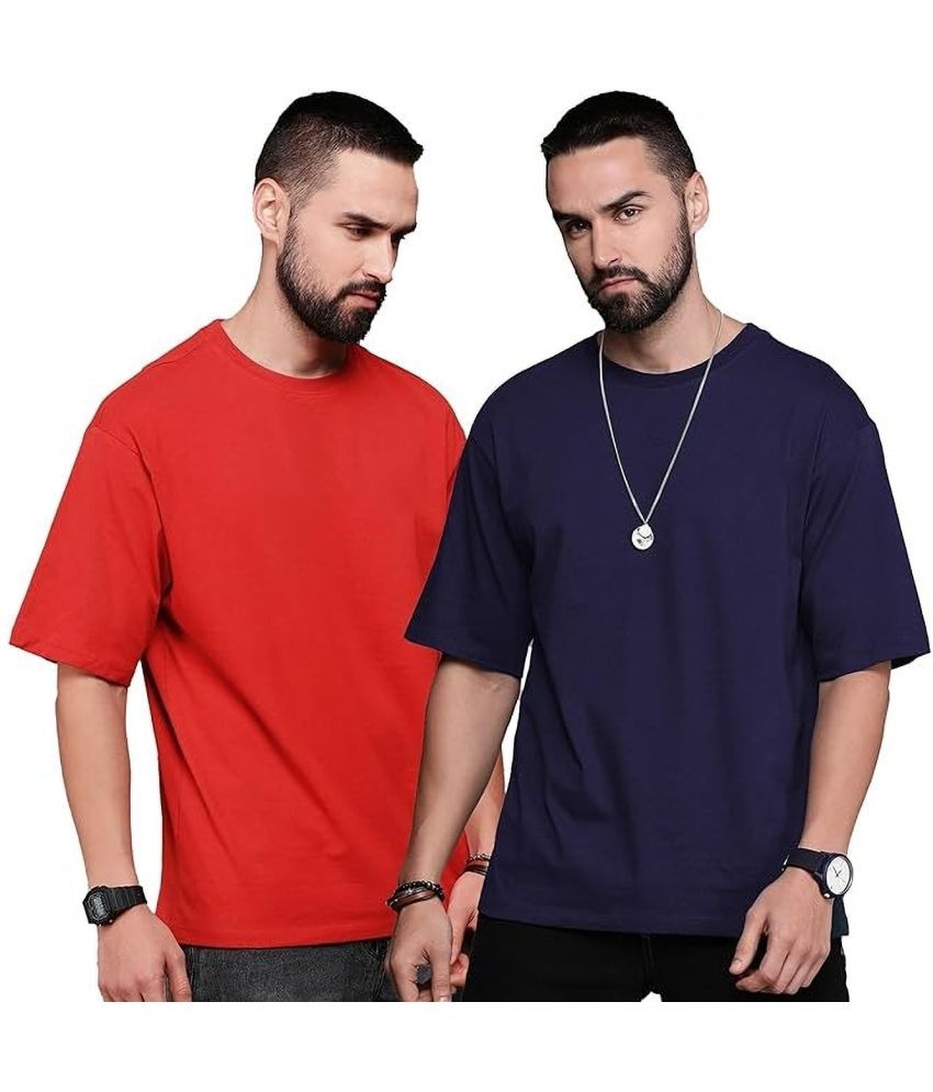     			Leotude Cotton Blend Oversized Fit Solid Half Sleeves Men's T-Shirt - Red ( Pack of 2 )