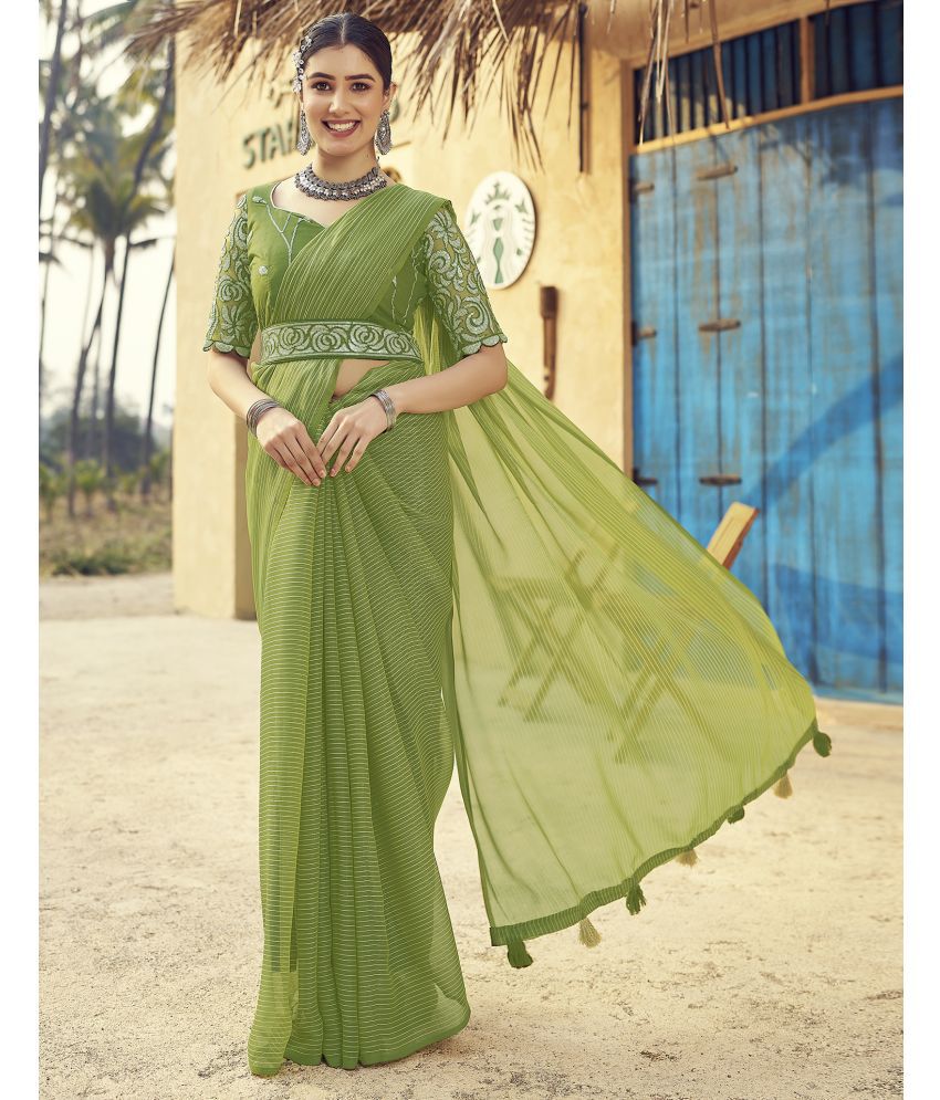    			Samah Chiffon Striped Saree With Blouse Piece - Green ( Pack of 1 )