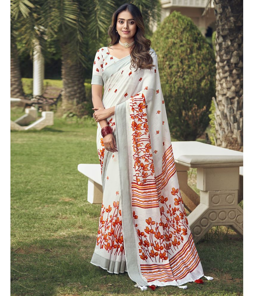     			Samah Cotton Printed Saree With Blouse Piece - Off White ( Pack of 1 )