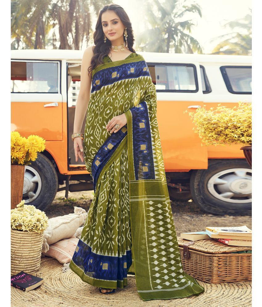     			Samah Cotton Printed Saree With Blouse Piece - Olive ( Pack of 1 )