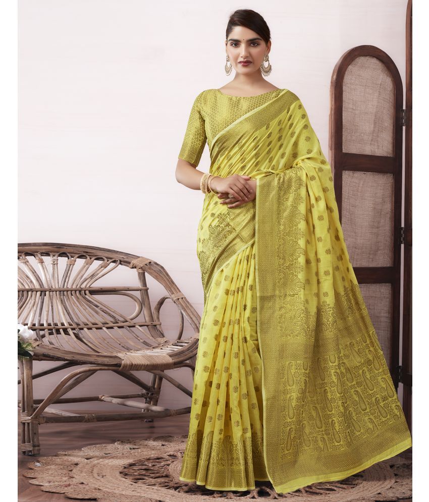     			Samah Cotton Silk Self Design Saree With Blouse Piece - Yellow ( Pack of 1 )