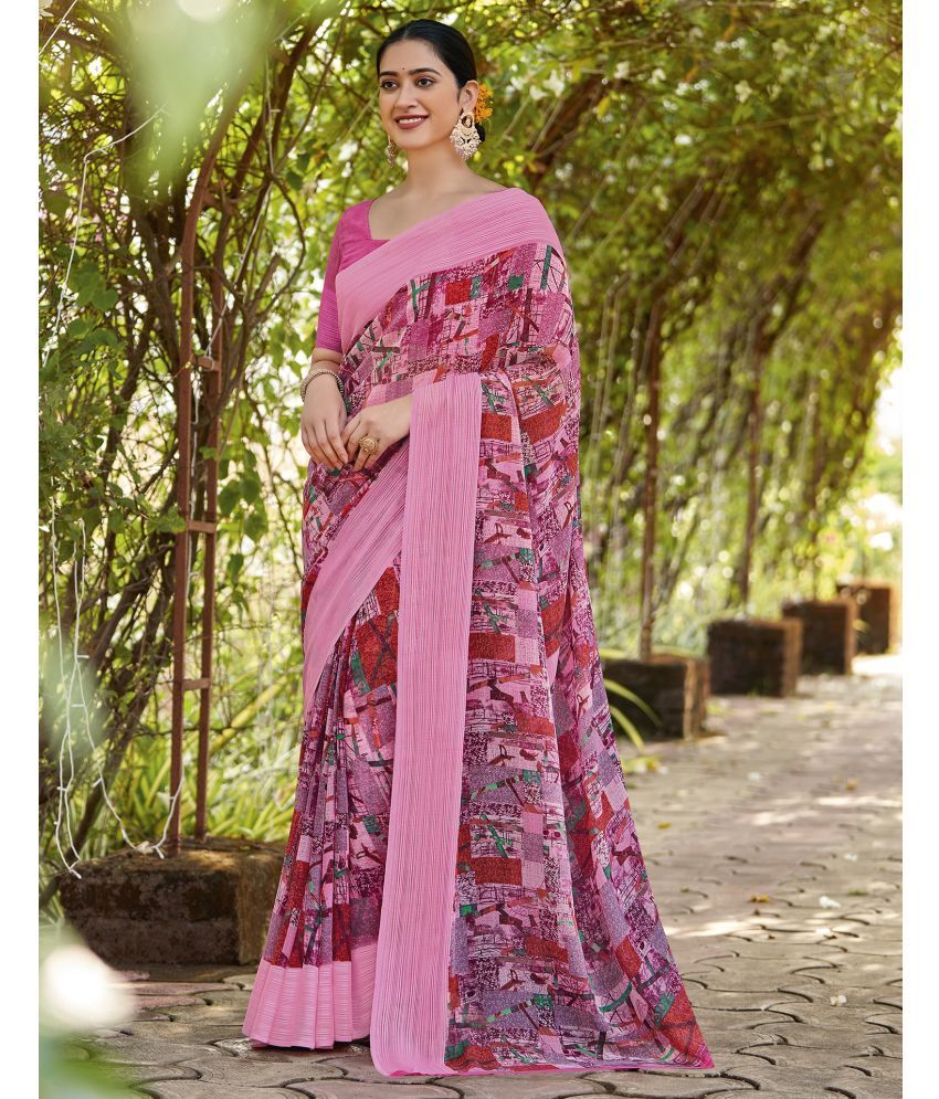     			Samah Georgette Printed Saree With Blouse Piece - Pink ( Pack of 1 )