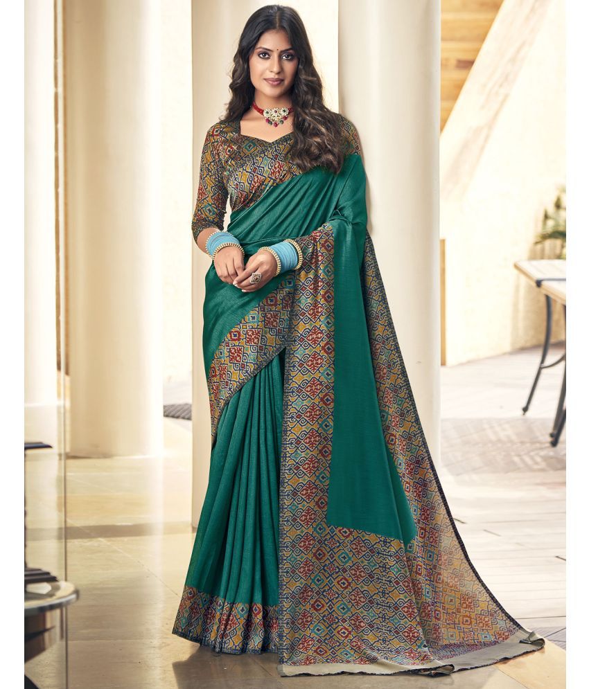     			Samah Silk Blend Printed Saree With Blouse Piece - Teal ( Pack of 1 )