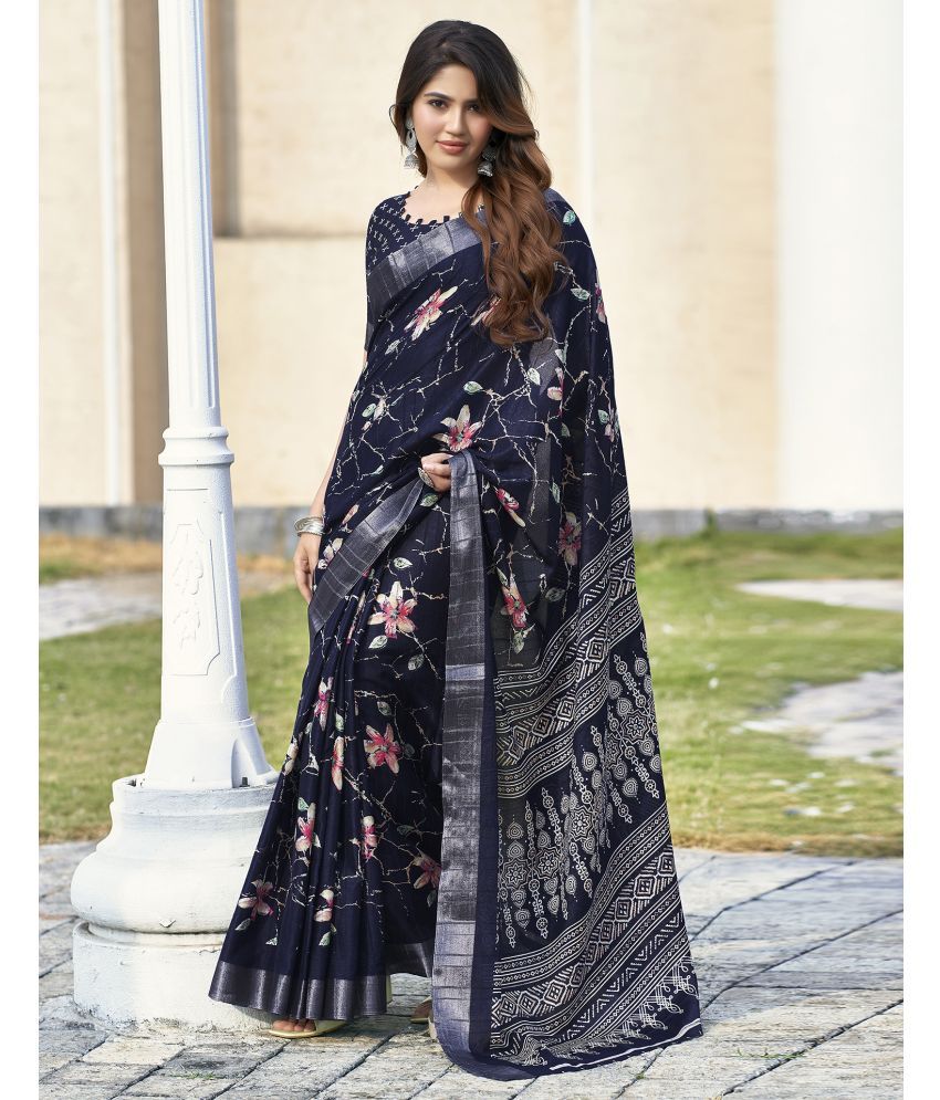     			Samah Silk Printed Saree With Blouse Piece - Navy Blue ( Pack of 1 )