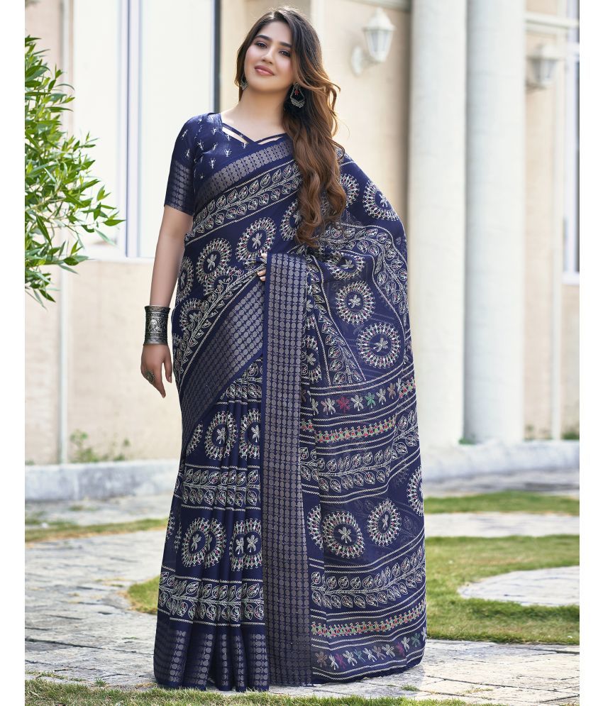     			Samah Silk Printed Saree With Blouse Piece - Navy Blue ( Pack of 1 )