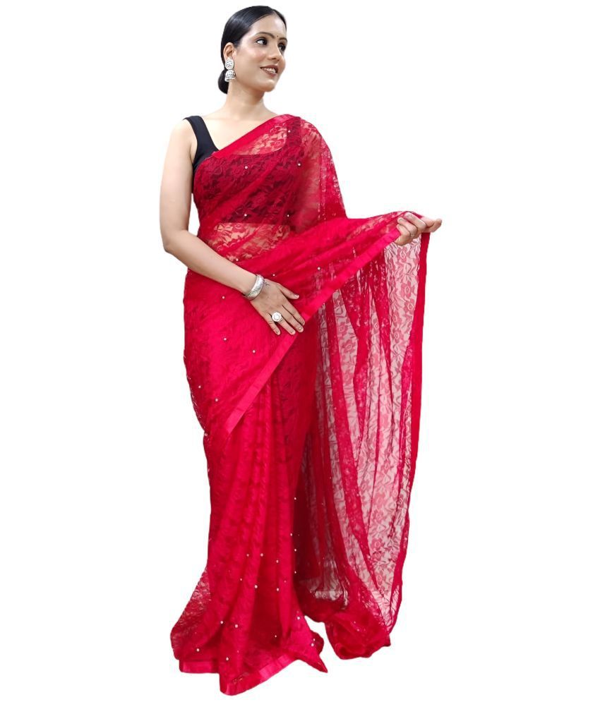     			Sidhidata Net Solid Saree With Blouse Piece - Red ( Pack of 1 )