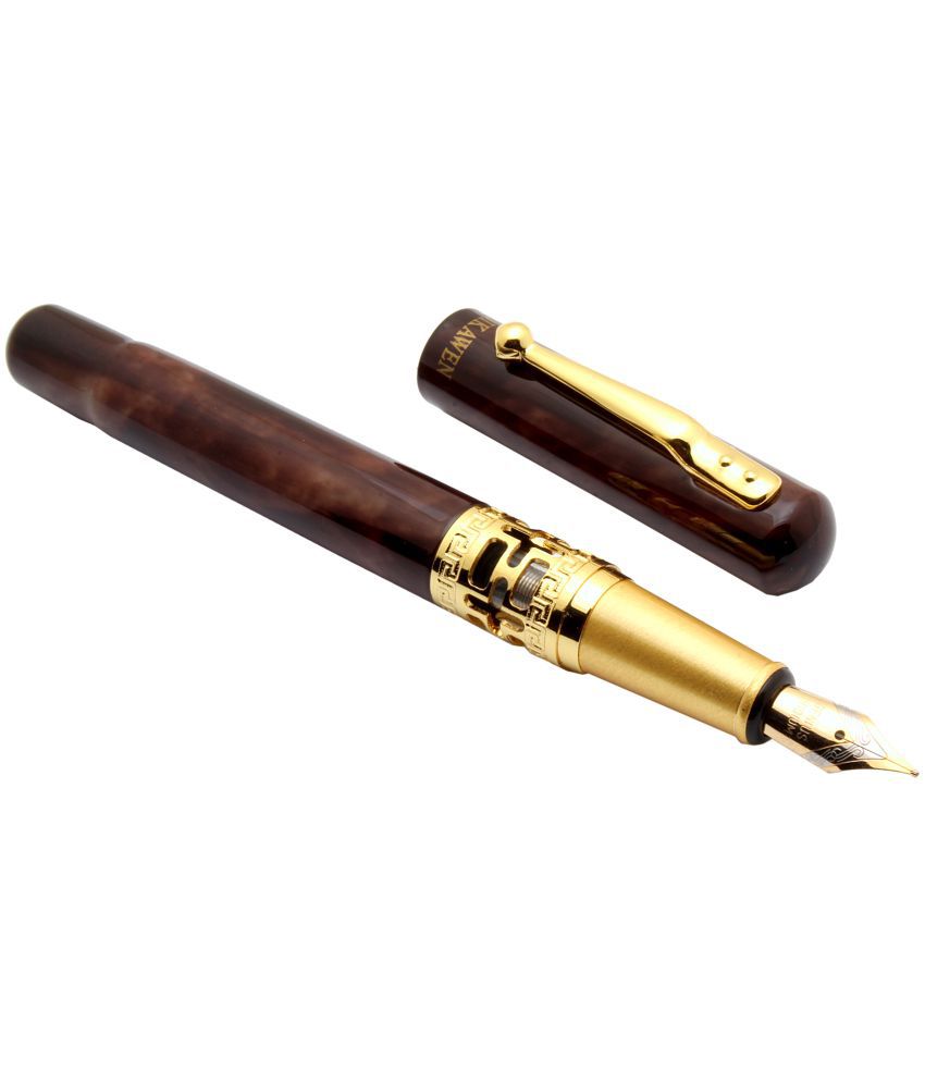     			Srpc Dikawen 8060 Brown Wood Metal Body Fountain Pen With Medium Nib & Golden Trims