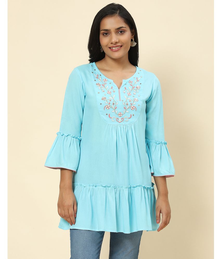     			TUNIYA Rayon Embroidered Knee Length Women's Fit & Flare Dress - Light Blue ( Pack of 1 )