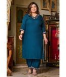 PrettyPlus by Desinoor.com Rayon Embroidered Kurti With Pants Women's Stitched Salwar Suit - Teal ( Pack of 1 )