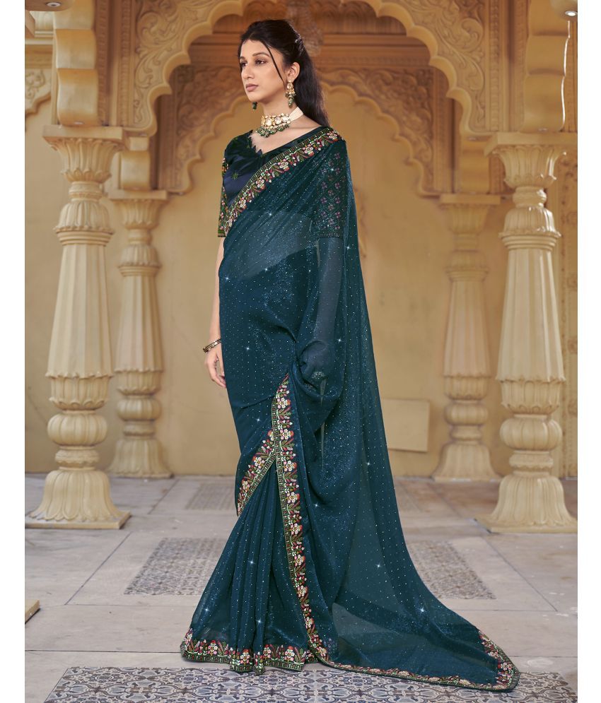    			Samah Chiffon Embellished Saree With Blouse Piece - Teal ( Pack of 1 )