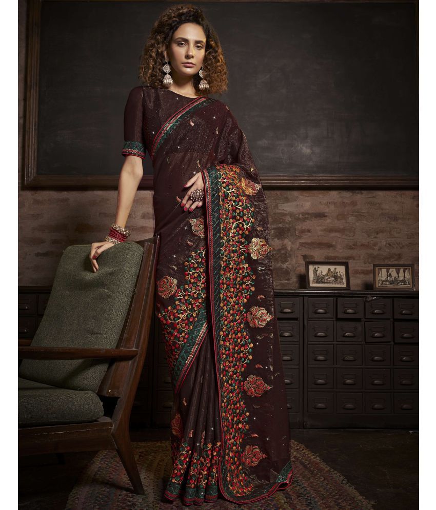     			Samah Chiffon Embroidered Saree With Blouse Piece - Brown ( Pack of 1 )