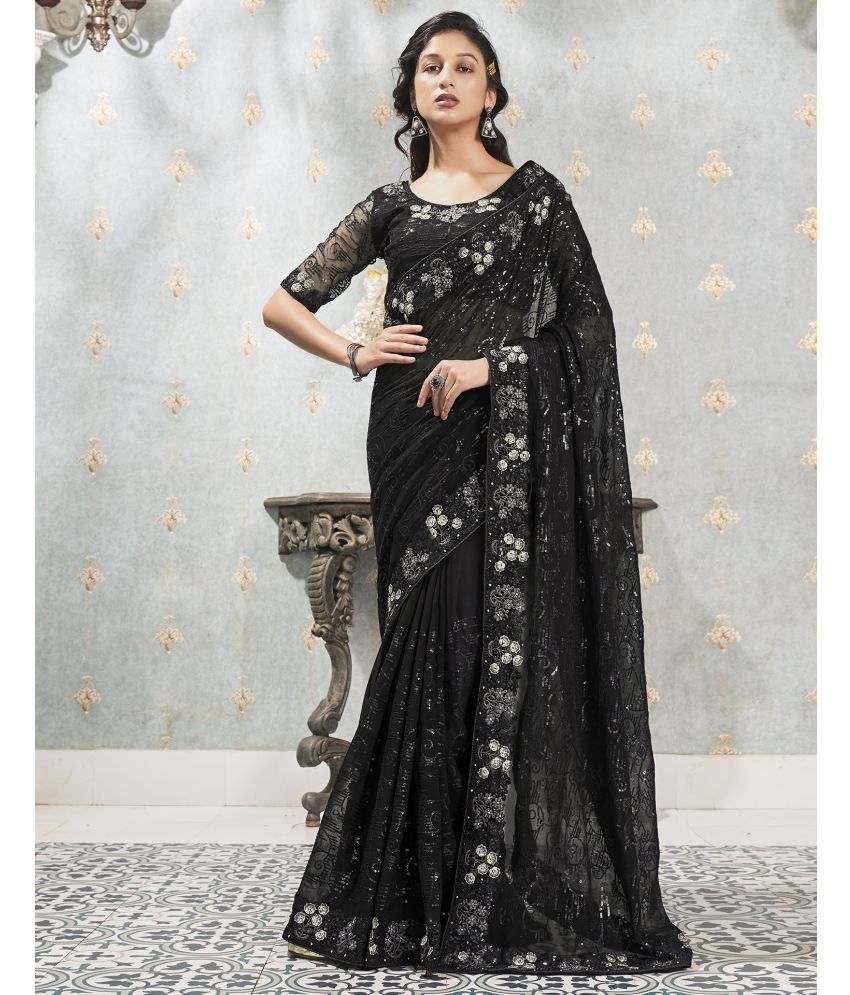     			Samah Georgette Embellished Saree With Blouse Piece - Black ( Pack of 1 )