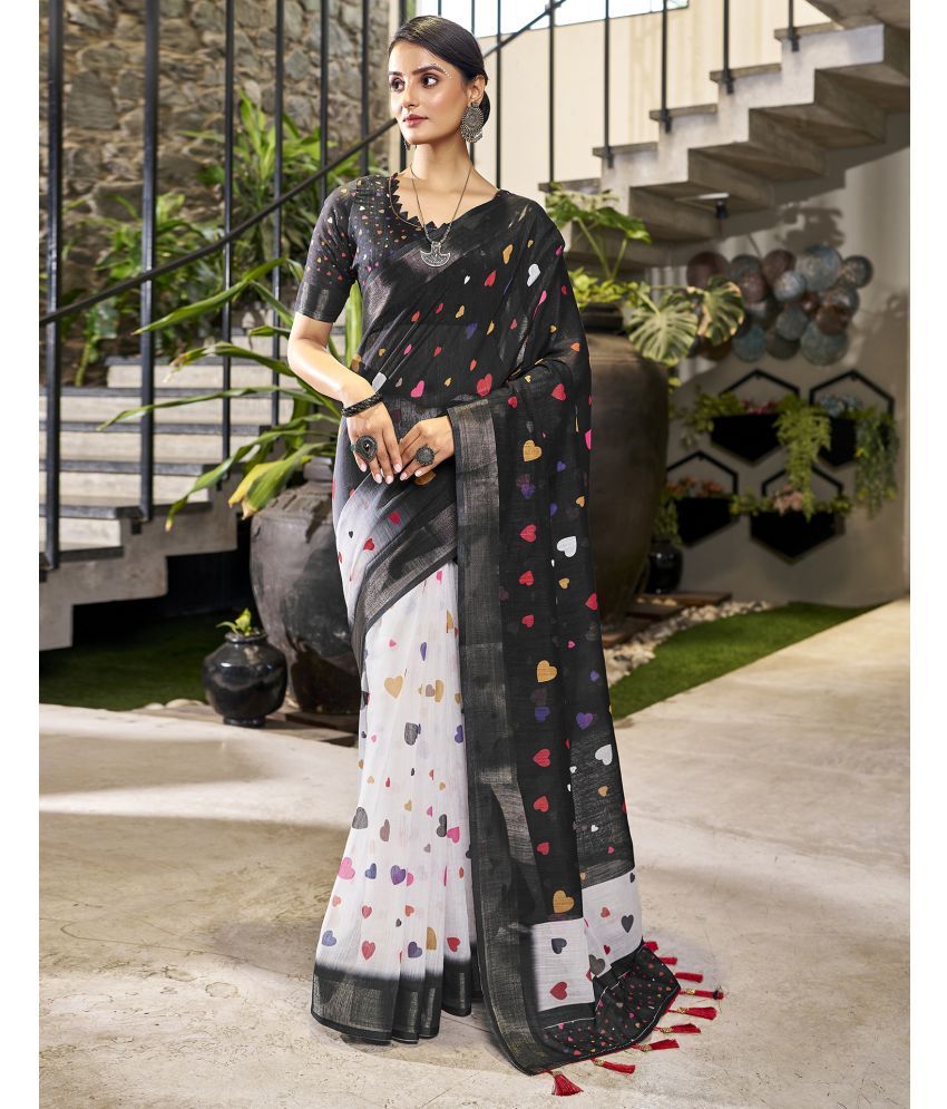     			Samah Linen PRINTED Saree With Blouse Piece - Black ( Pack of 1 )