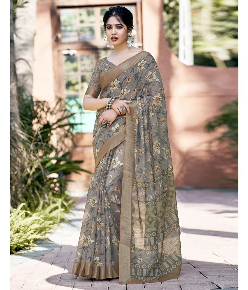     			Samah Linen Printed Saree With Blouse Piece - Brown ( Pack of 1 )