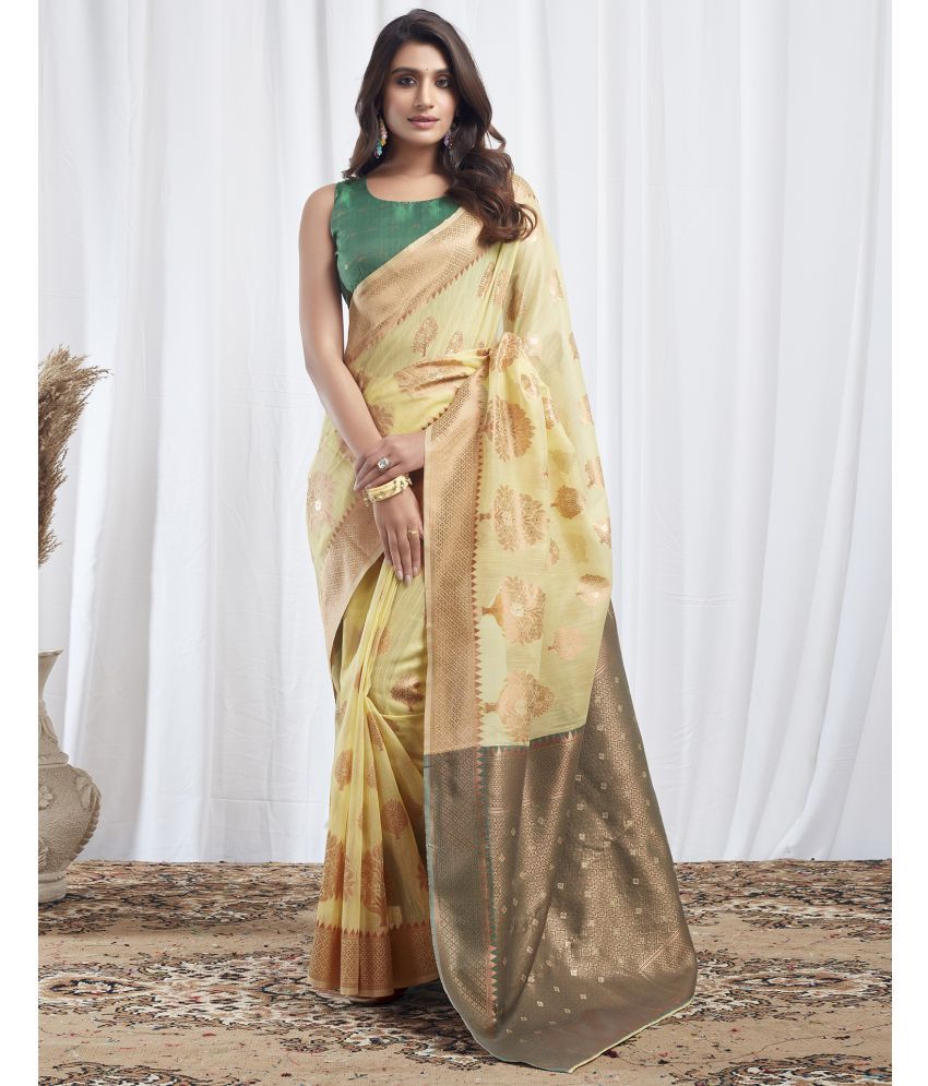     			Samah Linen Self Design Saree With Blouse Piece - Yellow ( Pack of 1 )