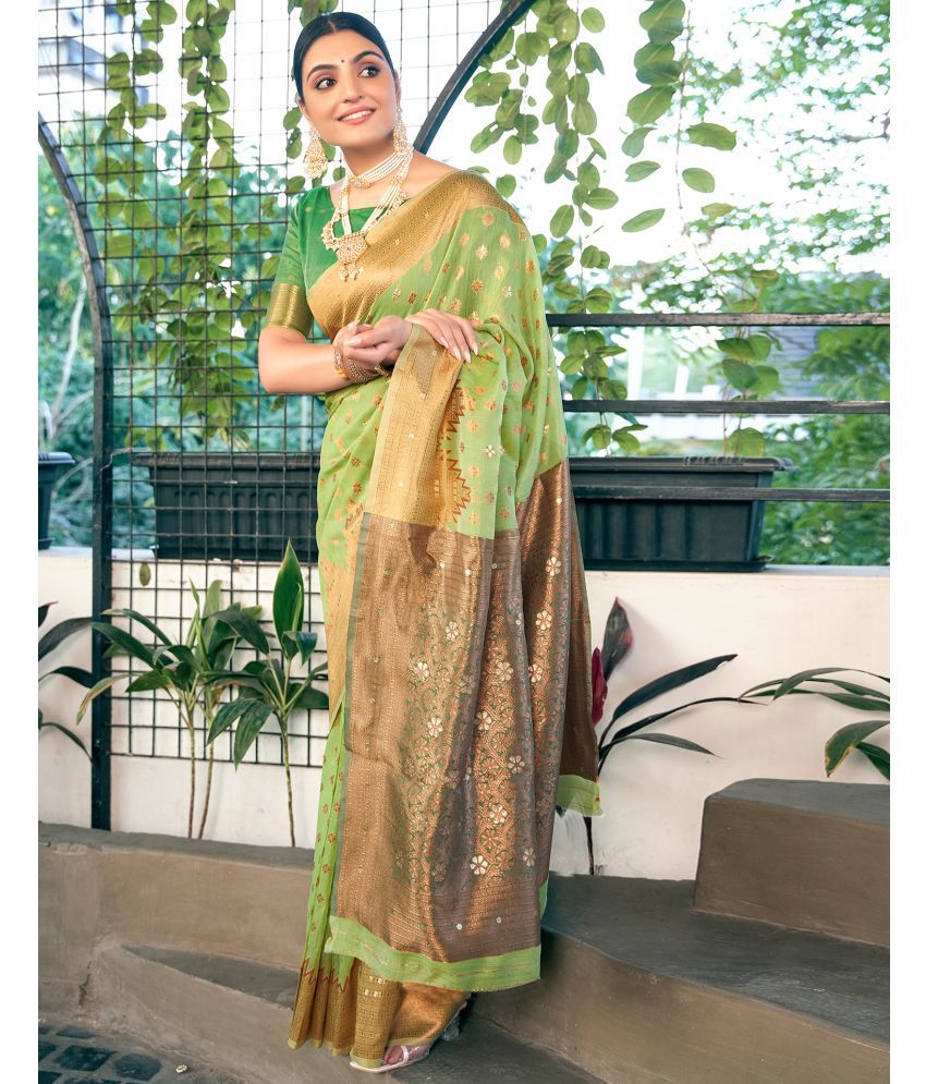     			Samah Linen Woven Saree With Blouse Piece - Light Green ( Pack of 1 )