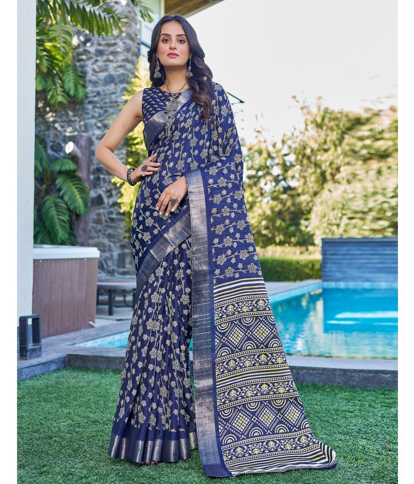     			Samah Silk PRINTED Saree With Blouse Piece - Navy Blue ( Pack of 1 )