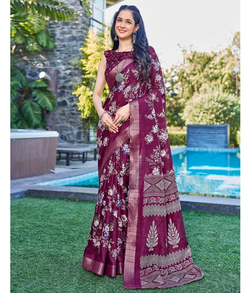     			Samah Silk PRINTED Saree With Blouse Piece - Wine ( Pack of 1 )