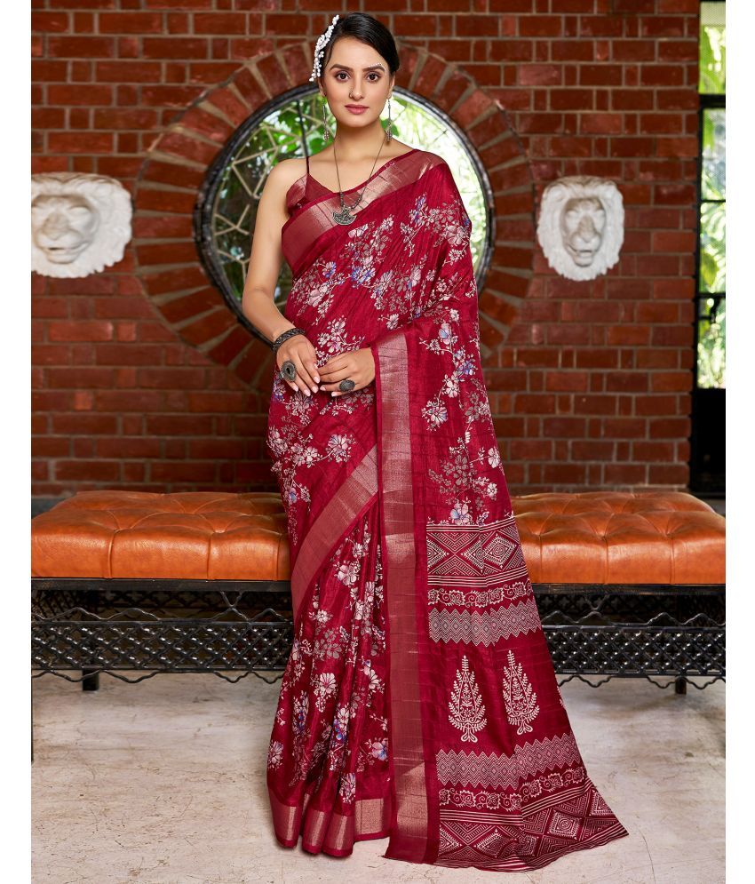     			Samah Silk PRINTED Saree With Blouse Piece - Maroon ( Pack of 1 )