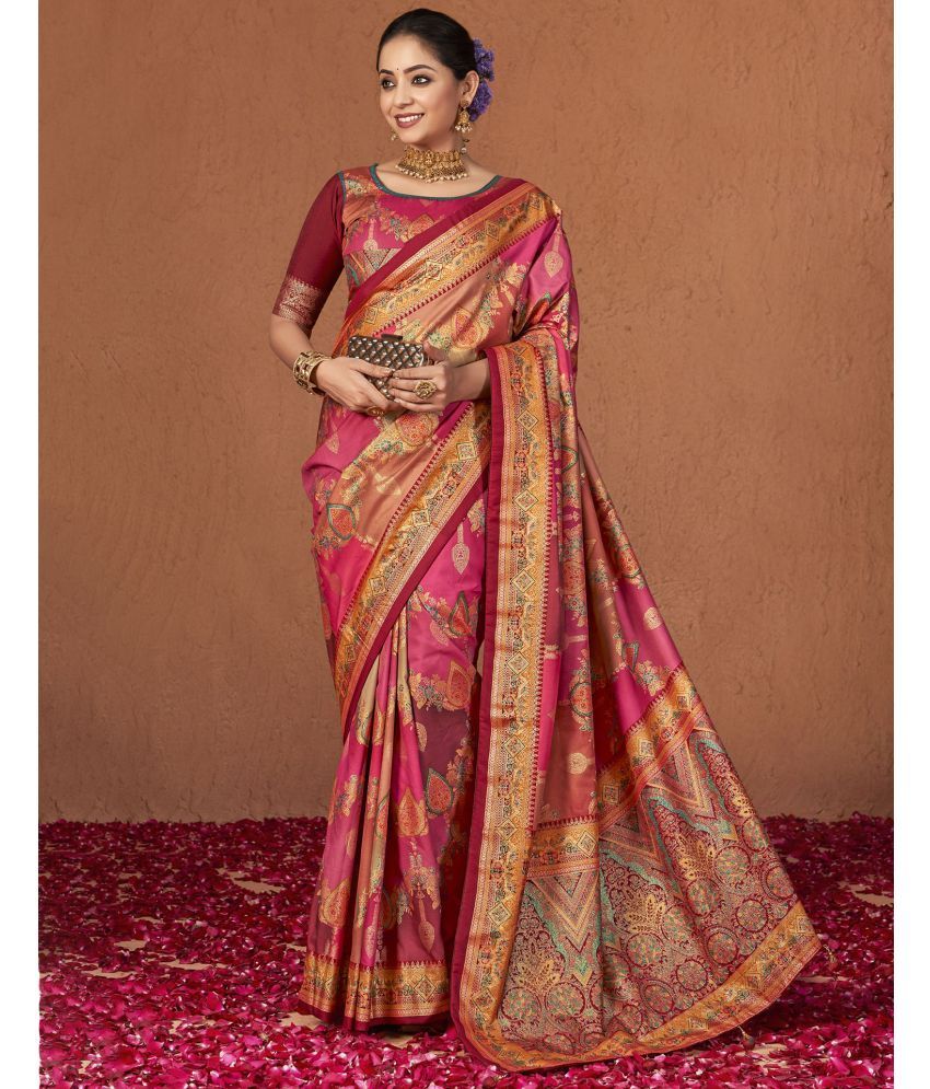     			Samah Silk Printed Saree With Blouse Piece - Pink ( Pack of 1 )