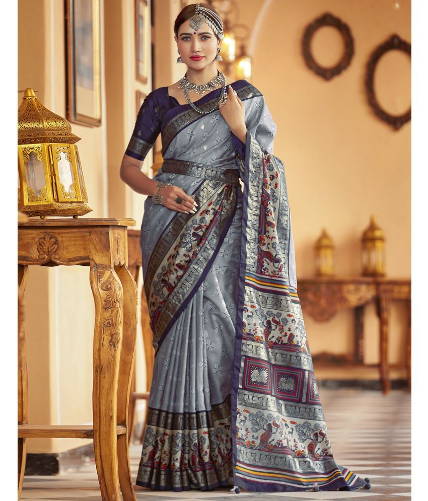     			Samah Silk Printed Saree With Blouse Piece - Grey ( Pack of 1 )