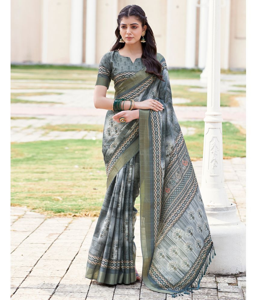     			Samah Silk Printed Saree With Blouse Piece - Grey ( Pack of 1 )