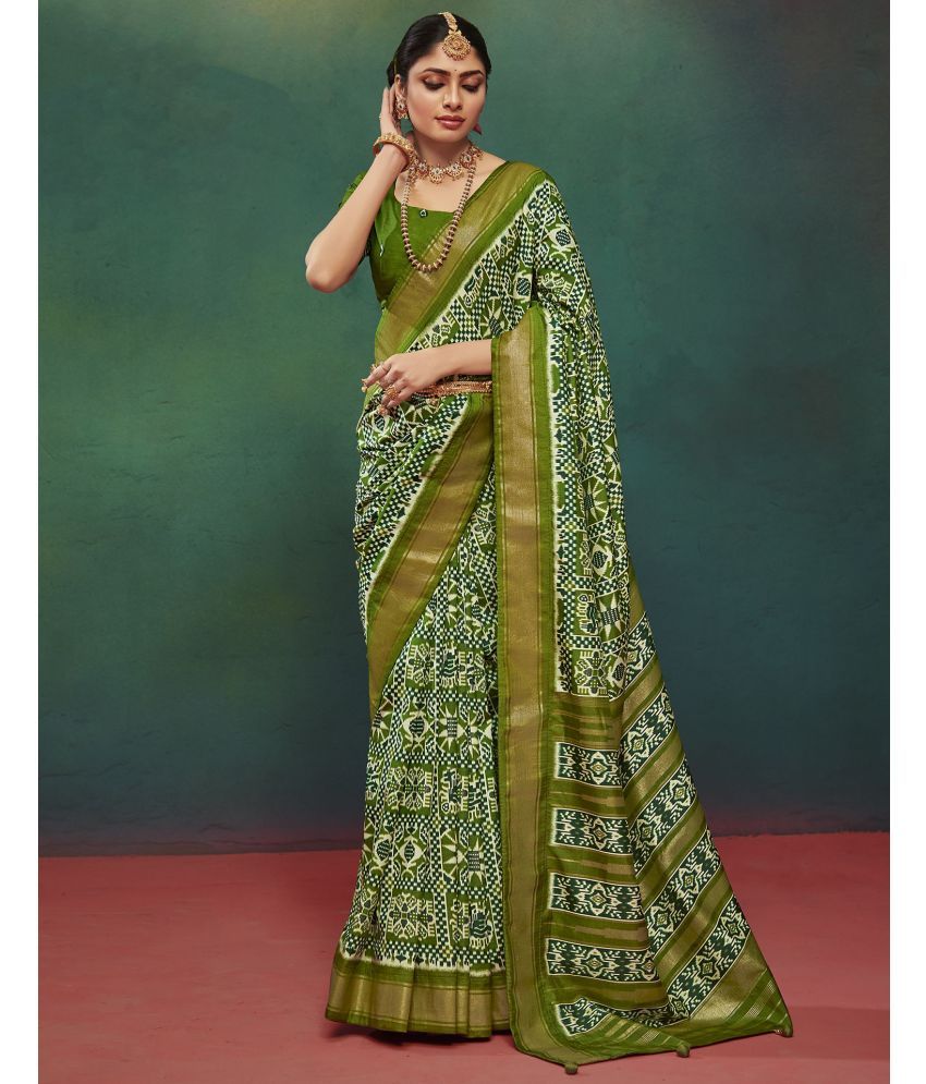     			Samah Silk Printed Saree With Blouse Piece - Olive ( Pack of 1 )