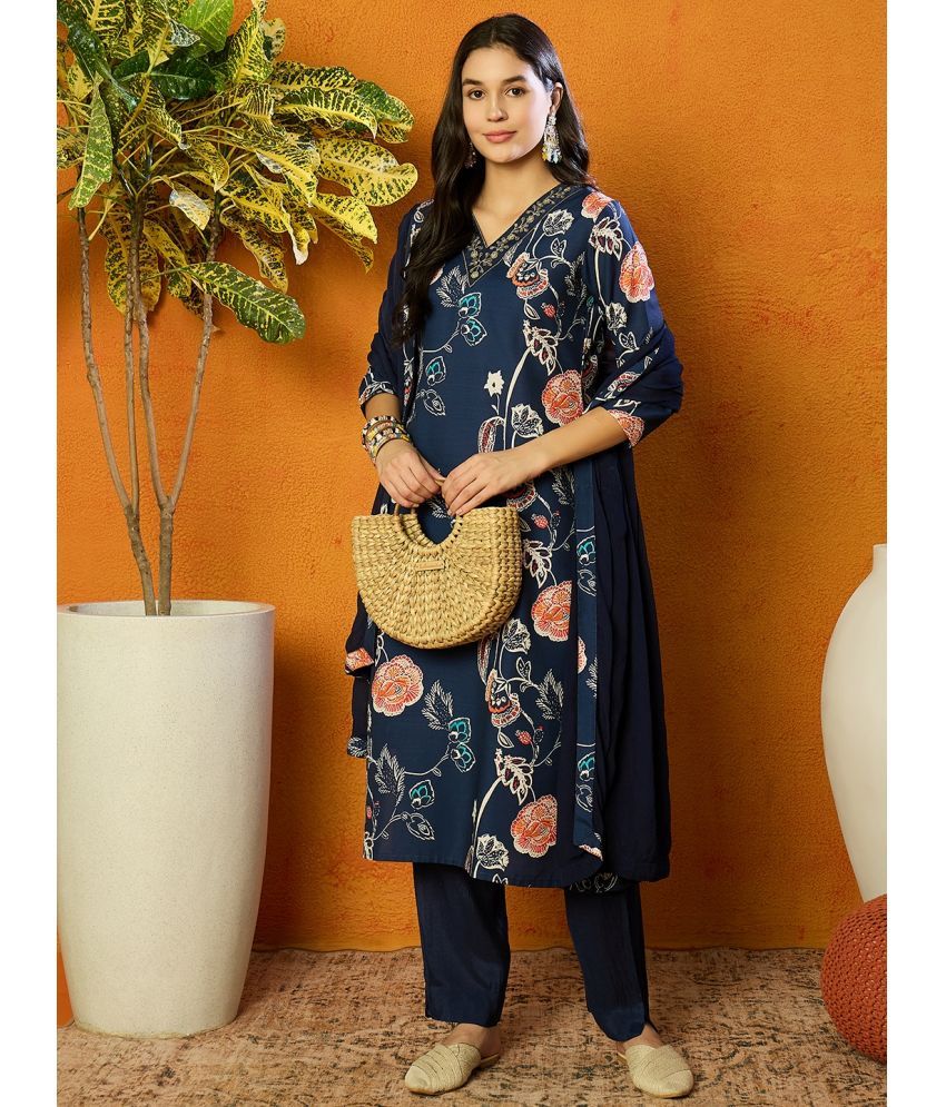     			Vaamsi Rayon Printed Kurti With Pants Women's Stitched Salwar Suit - Blue ( Pack of 1 )