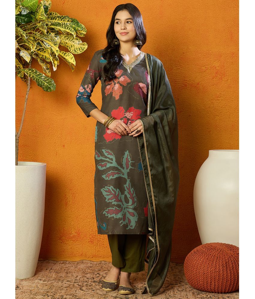     			Vaamsi Cotton Blend Printed Kurti With Pants Women's Stitched Salwar Suit - Olive ( Pack of 1 )