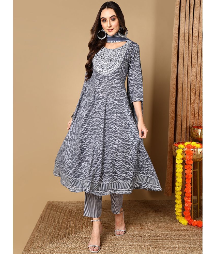     			Vaamsi Cotton Blend Printed Kurti With Pants Women's Stitched Salwar Suit - Grey ( Pack of 1 )