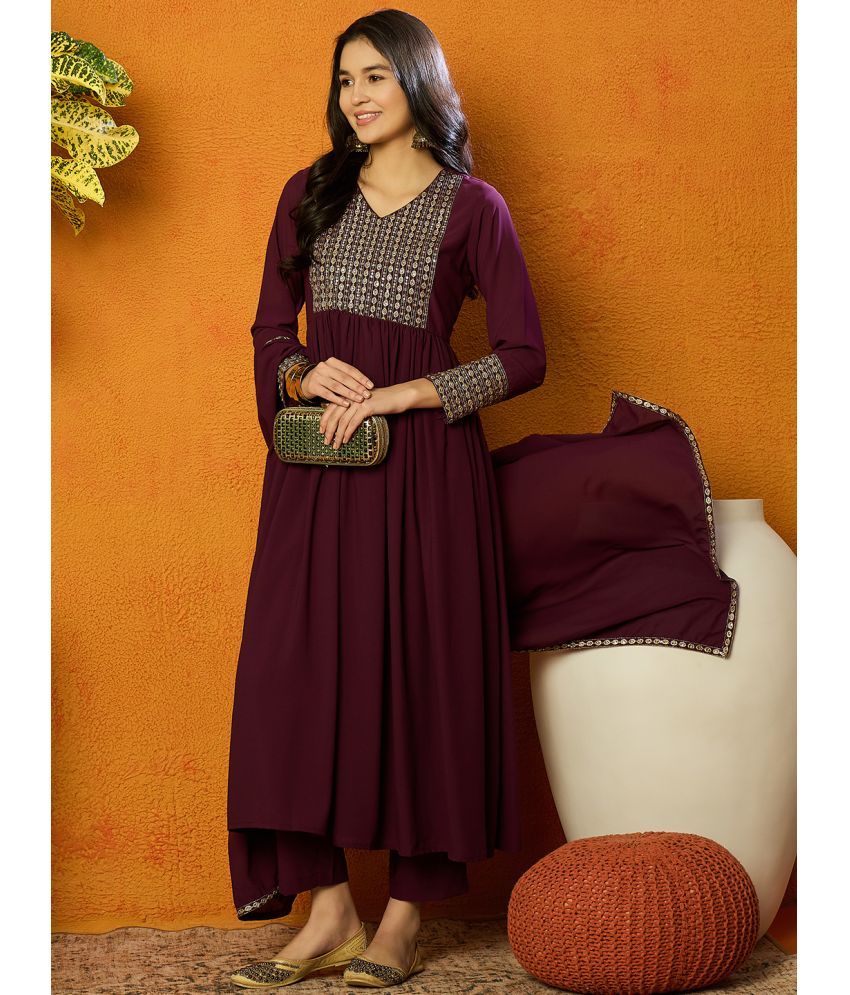     			Vaamsi Georgette Embroidered Kurti With Pants Women's Stitched Salwar Suit - Burgundy ( Pack of 1 )