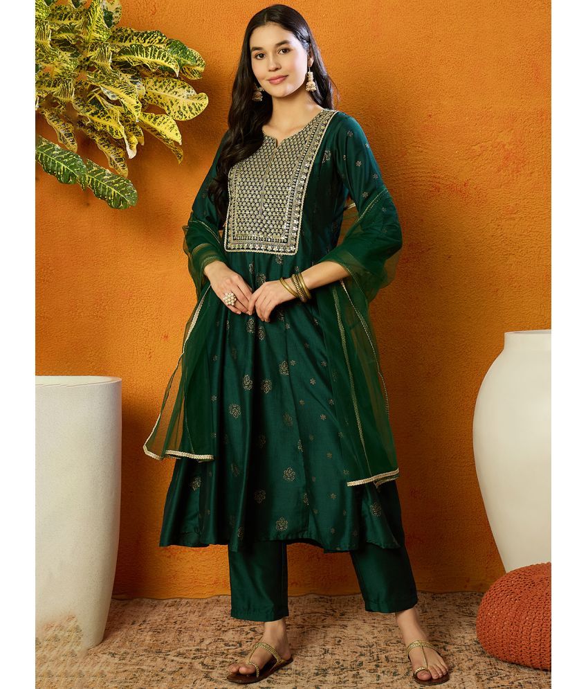     			Vaamsi Silk Blend Embroidered Anarkali With Churidar Women's Stitched Salwar Suit - Green ( Pack of 1 )