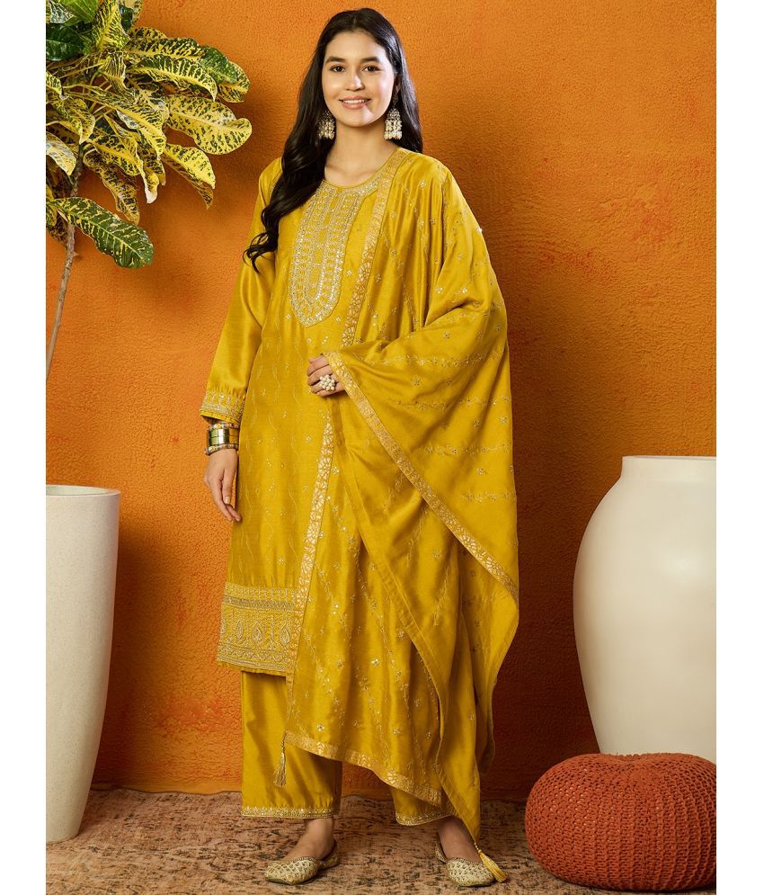     			Vaamsi Silk Blend Embroidered Kurti With Palazzo Women's Stitched Salwar Suit - Mustard ( Pack of 1 )
