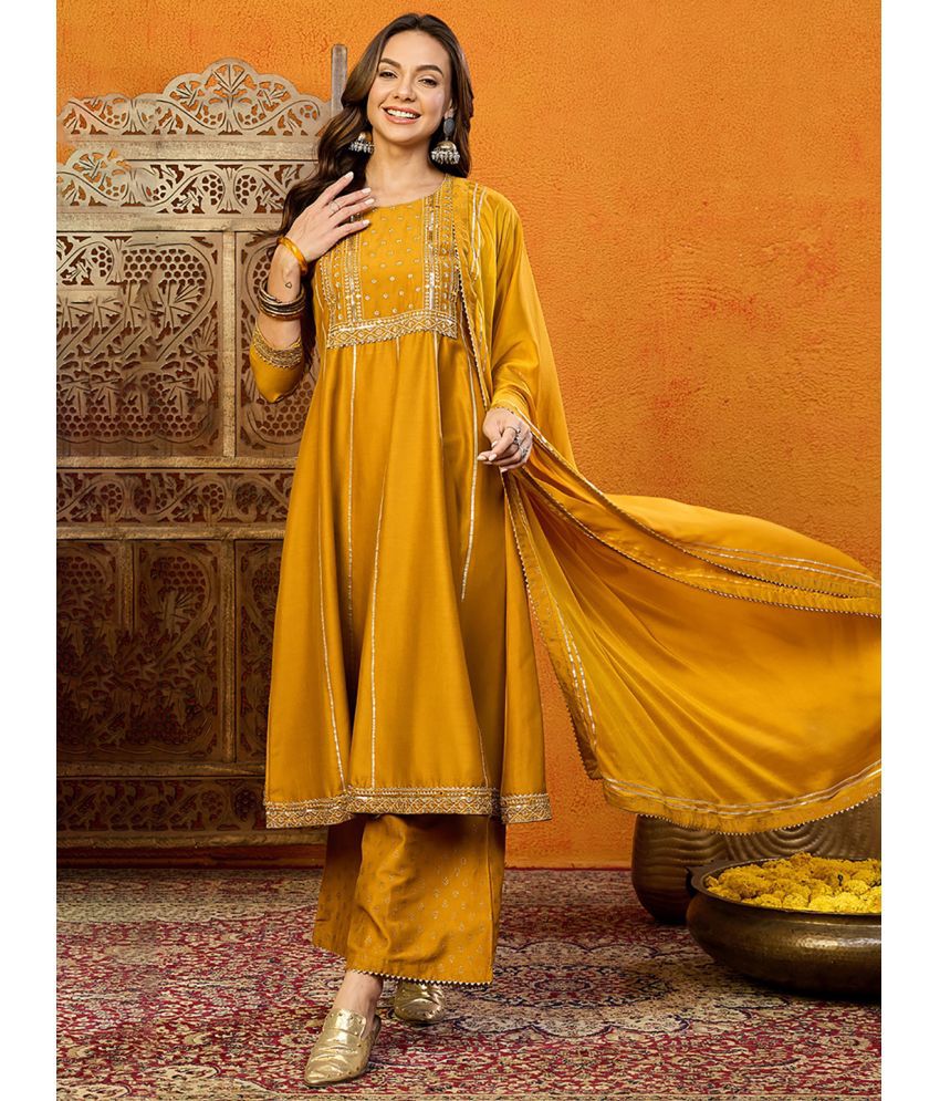     			Vaamsi Silk Blend Embroidered Kurti With Palazzo Women's Stitched Salwar Suit - Mustard ( Pack of 1 )