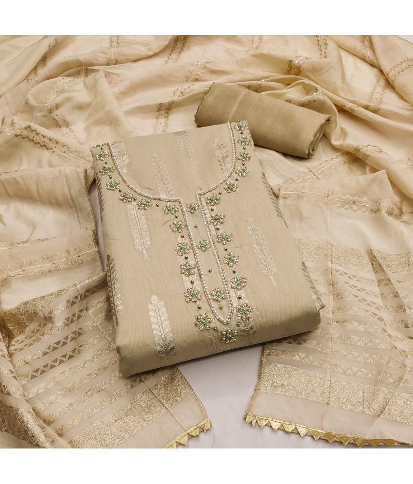     			A TO Z CART Unstitched Banarasi Embellished Dress Material - Cream ( Pack of 1 )