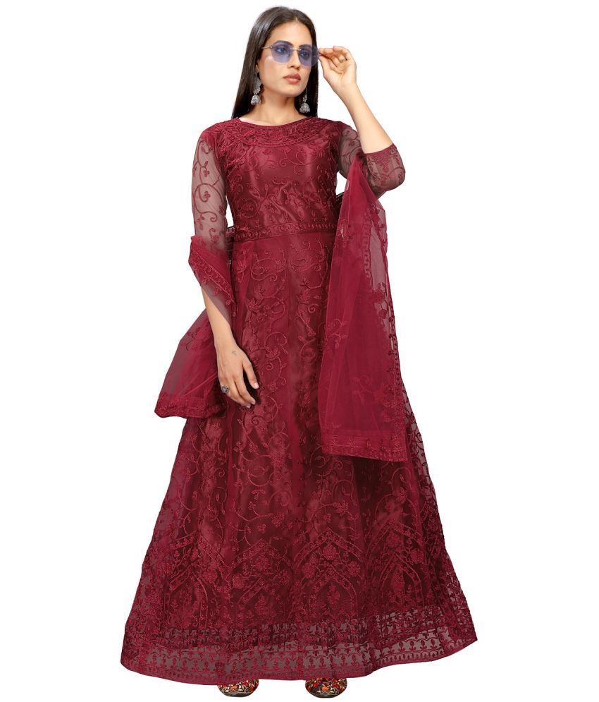     			Apnisha Maroon Flared Net Women's Semi Stitched Ethnic Gown ( Pack of 1 )